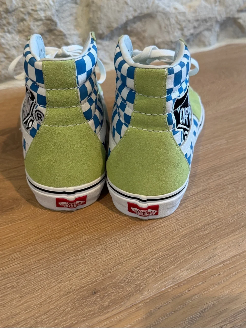 Vans Lime Green Suede High-Top Sneakers with Blue Checkerboard